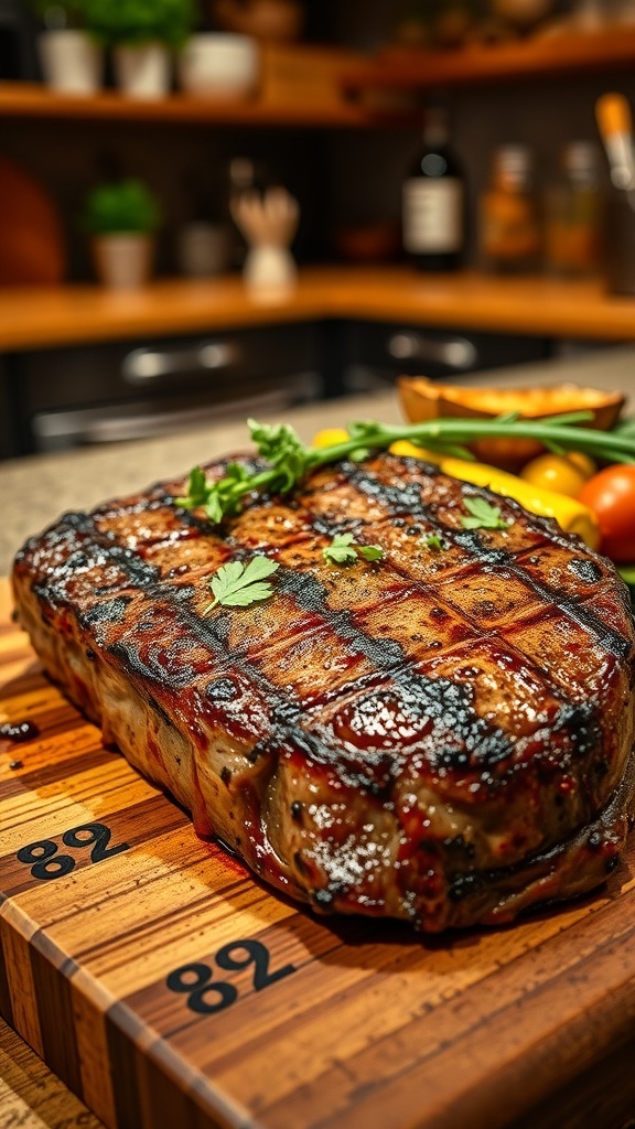 Air Fryer Medium Well Steak Recipe A medium well steak garnished with herbs on a cutting board with roasted vegetables.